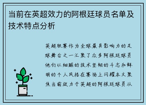 当前在英超效力的阿根廷球员名单及技术特点分析