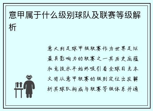 意甲属于什么级别球队及联赛等级解析