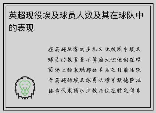 英超现役埃及球员人数及其在球队中的表现